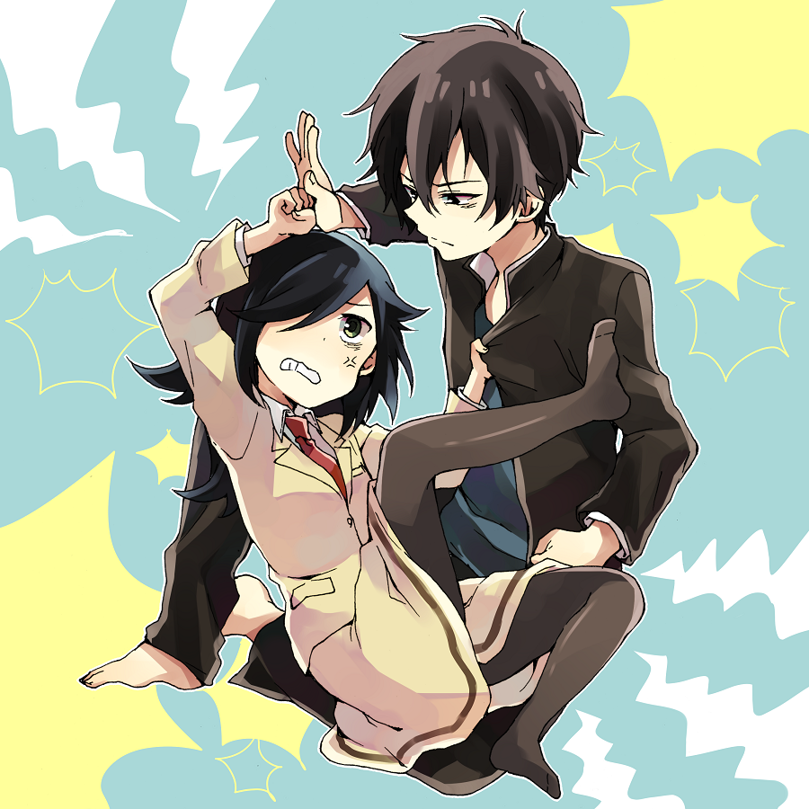 1boy, 1girl, anger_vein, bags_under_eyes, barefoot, black_hair, blazer, brother_and_sister