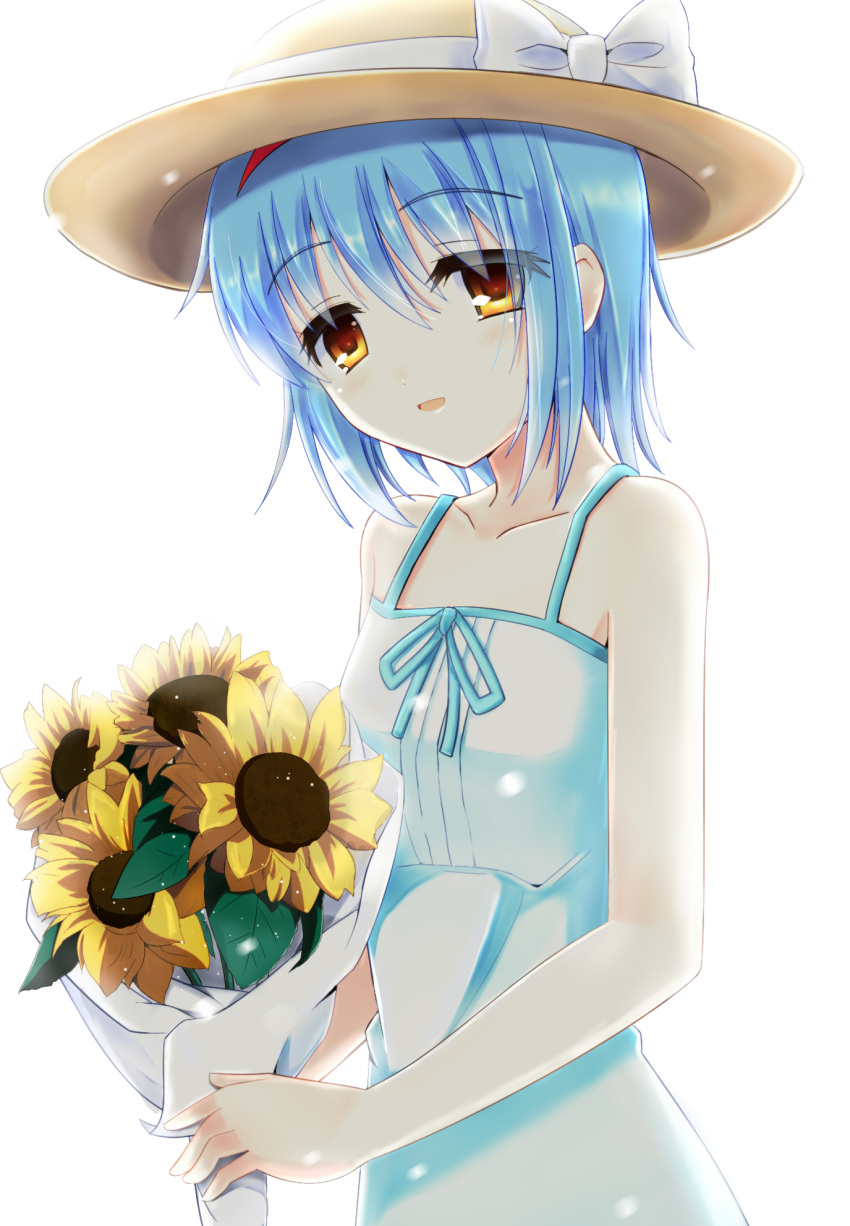 1girl, blue_hair, brown_eyes, dress, flower, hat, highres, kurose_yuuki