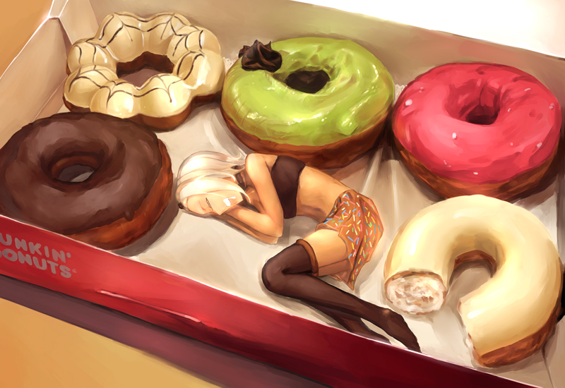 1girl, box, doughnut, food_themed_clothes, icing, minigirl, original, personification