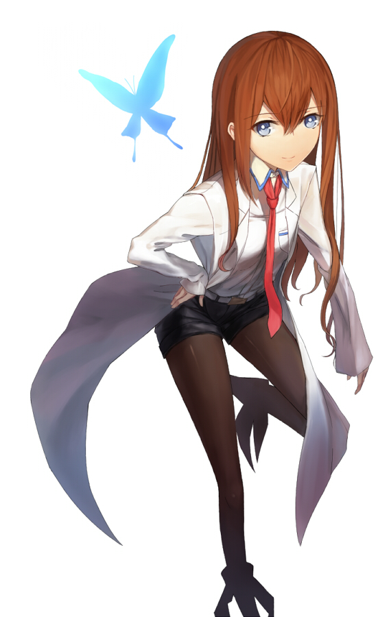 1girl, blue_eyes, brown_hair, jacket, legwear_under_shorts, long_hair, makise_kurisu, necktie, off_shoulder, pantyhose, shorts, sky341125290, solo, steins;gate