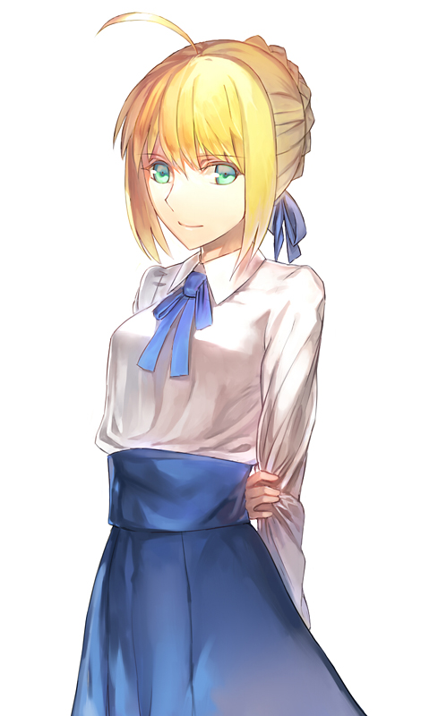 1girl, ahoge, blonde_hair, casual, dress, fate/stay_night, fate_(series), green_eyes