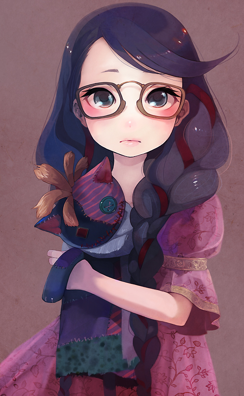 black_hair, blush, braid, cereza, child, glasses, long_hair, plush, pyon-kichi, solo
