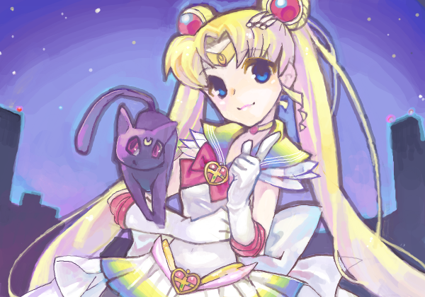 1girl, animal, bishoujo_senshi_sailor_moon, black_cat, blonde_hair, cat, choker, city, cityscape, double_bun, drawr, elbow_gloves, gloves, long_hair, luna_(sailor_moon), magical_girl, night, night_sky, oekaki, sailor_moon, sky, super_sailor_moon, tsukino_usagi, u_to_i, very_long_hair