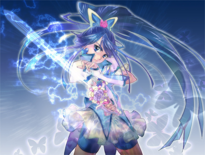 blue, blue_background, blue_hair, butterfly, butterfly_hair_ornament, cure_aqua, cure_fleuret, hair_ornament, long_hair, magical_girl, minazuki_karen, ponytail, precure, pretty_cure, shorts_under_skirt, solo, sword, u_to_i, water, weapon, yes!_precure_5, yes!_pretty_cure_5