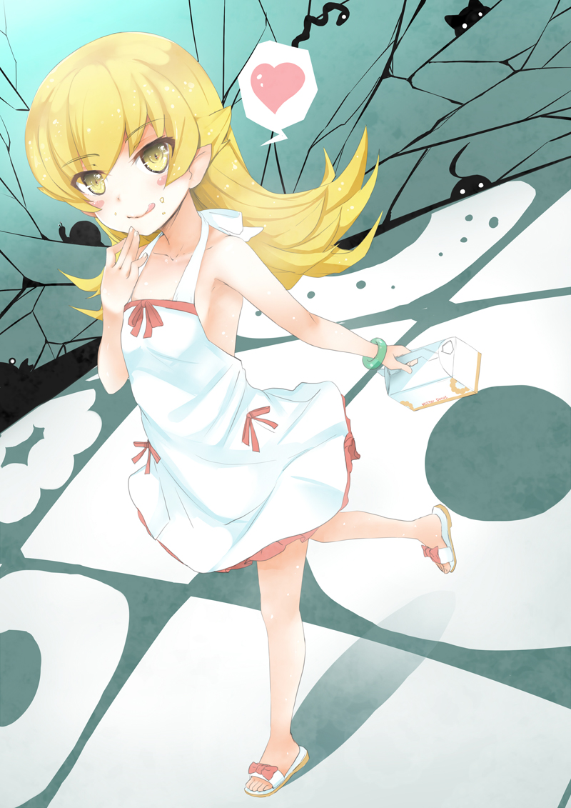 1girl, ahoge, bakemonogatari, bare_shoulders, blonde_hair, blush_stickers, bow, box