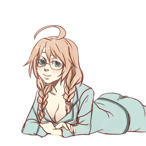 1girl, ahoge, blush, braid, brown_hair, cube_x_cursed_x_curious, down_blouse, glasses