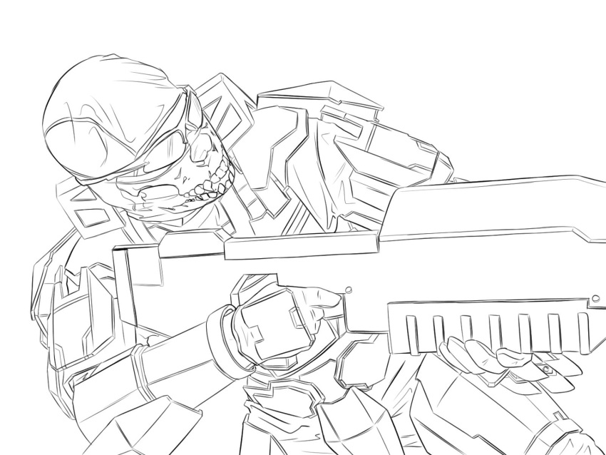 armor, gun, halo_(game), highres, lineart, monochrome, moodycat, solo