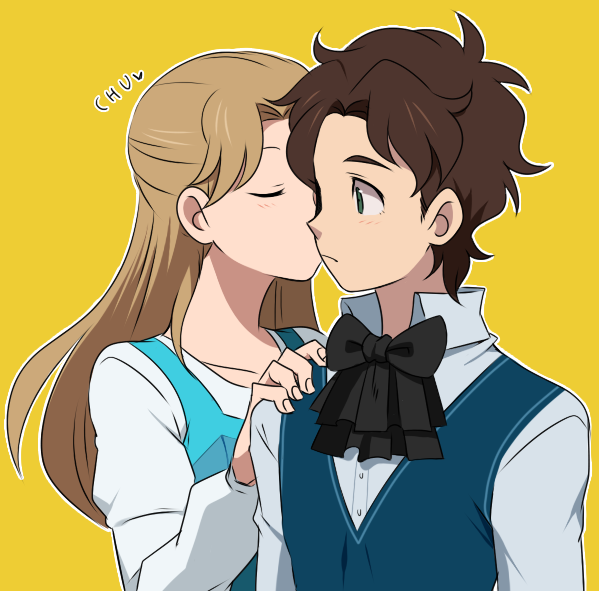 1boy, 1girl, blonde_hair, brown_hair, cheek_kiss, couple, erina_pendleton, hetero