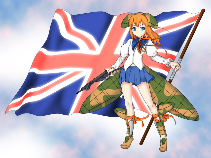 1girl, flag, gun, highres, long_hair, moodycat, orange_hair, skirt