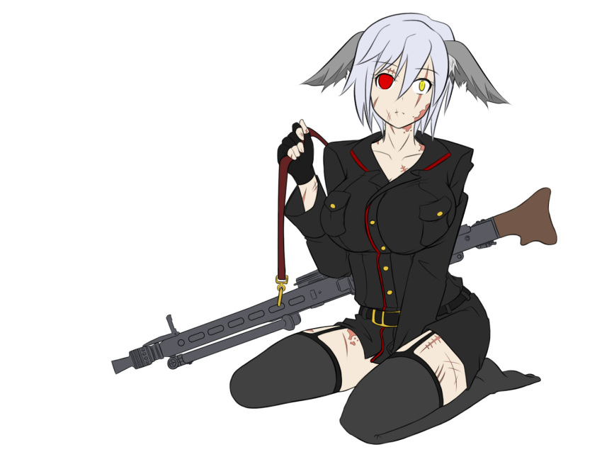 1girl, animal_ears, black_legwear, breasts, gun, highres, large_breasts, military