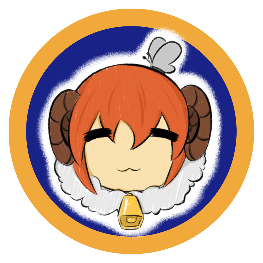 1girl, =_=, bell, butterfly, closed_eyes, horns, moodycat, orange_hair