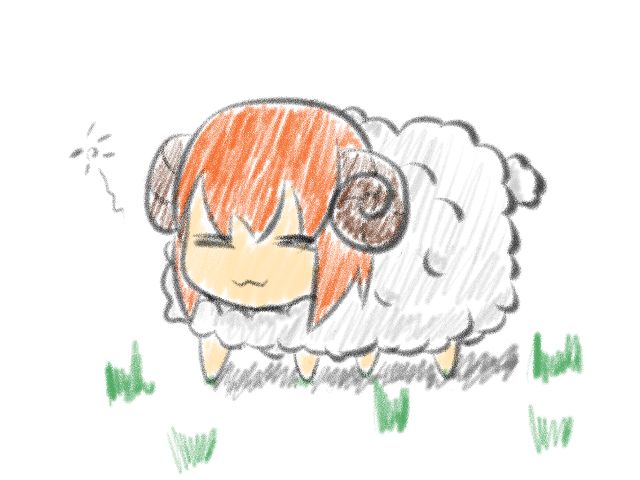 1girl, closed_eyes, horns, moodycat, orange_hair, sheep, sheep_horns, short_hair