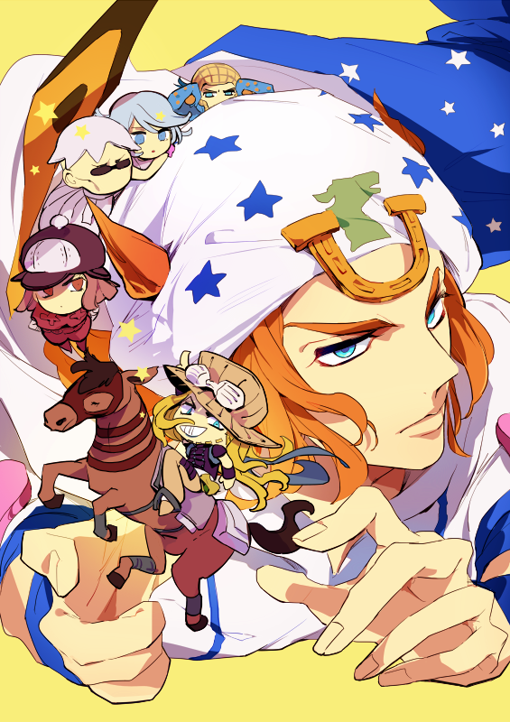 1boy, blonde_hair, blue_eyes, chibi, gyro_zeppeli, hat, horse, hot_pants_(sbr)