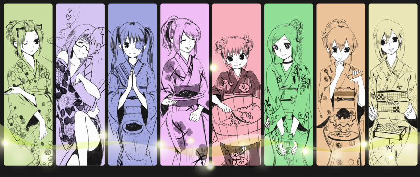6+girls, :t, body_pillow, character_request, cheek_bulge, choker, closed_eyes, color-coded