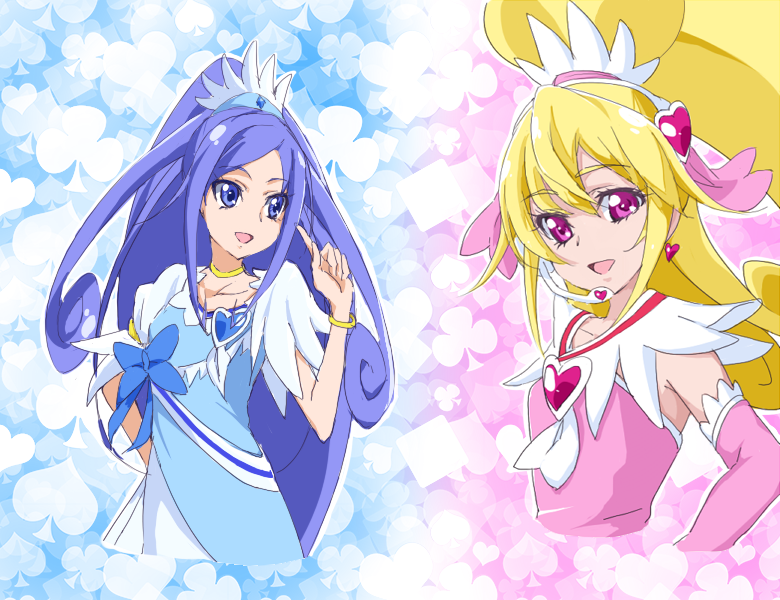 2girls, :d, aida_mana, blonde_hair, blue_eyes, blue_hair, club, cure_diamond