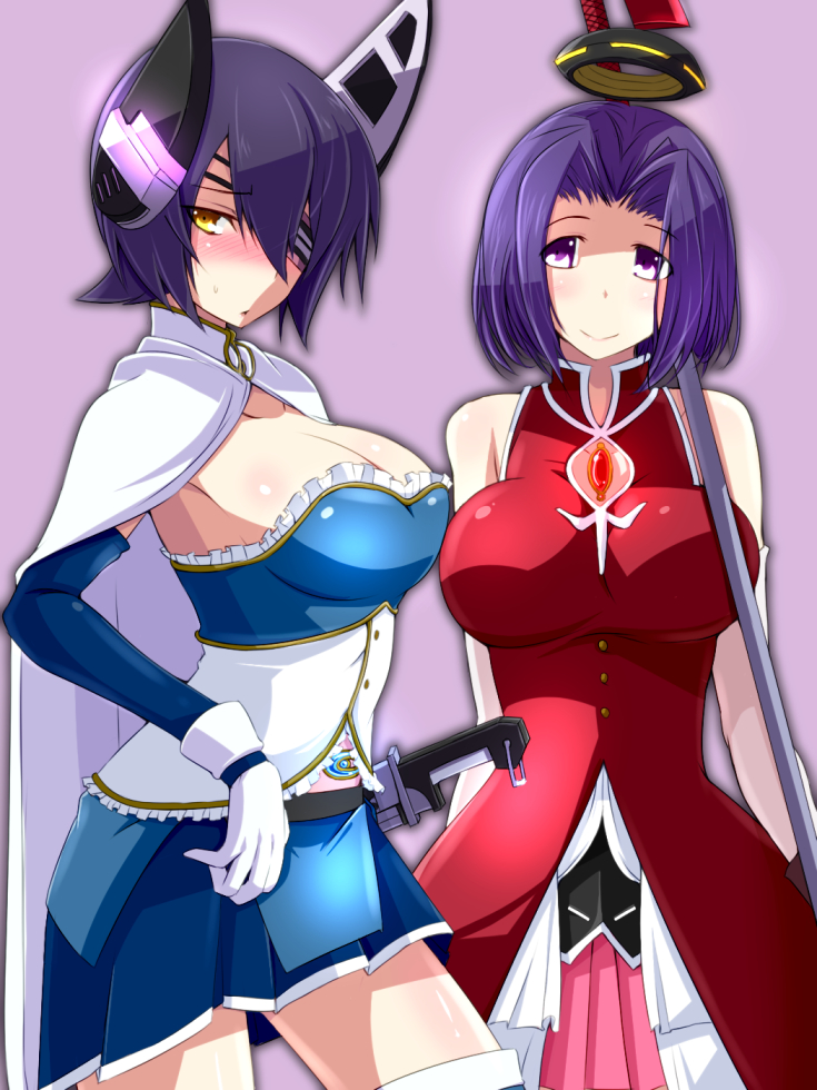 2girls, blush, breasts, cleavage, cosplay, eyepatch, gloves, headgear