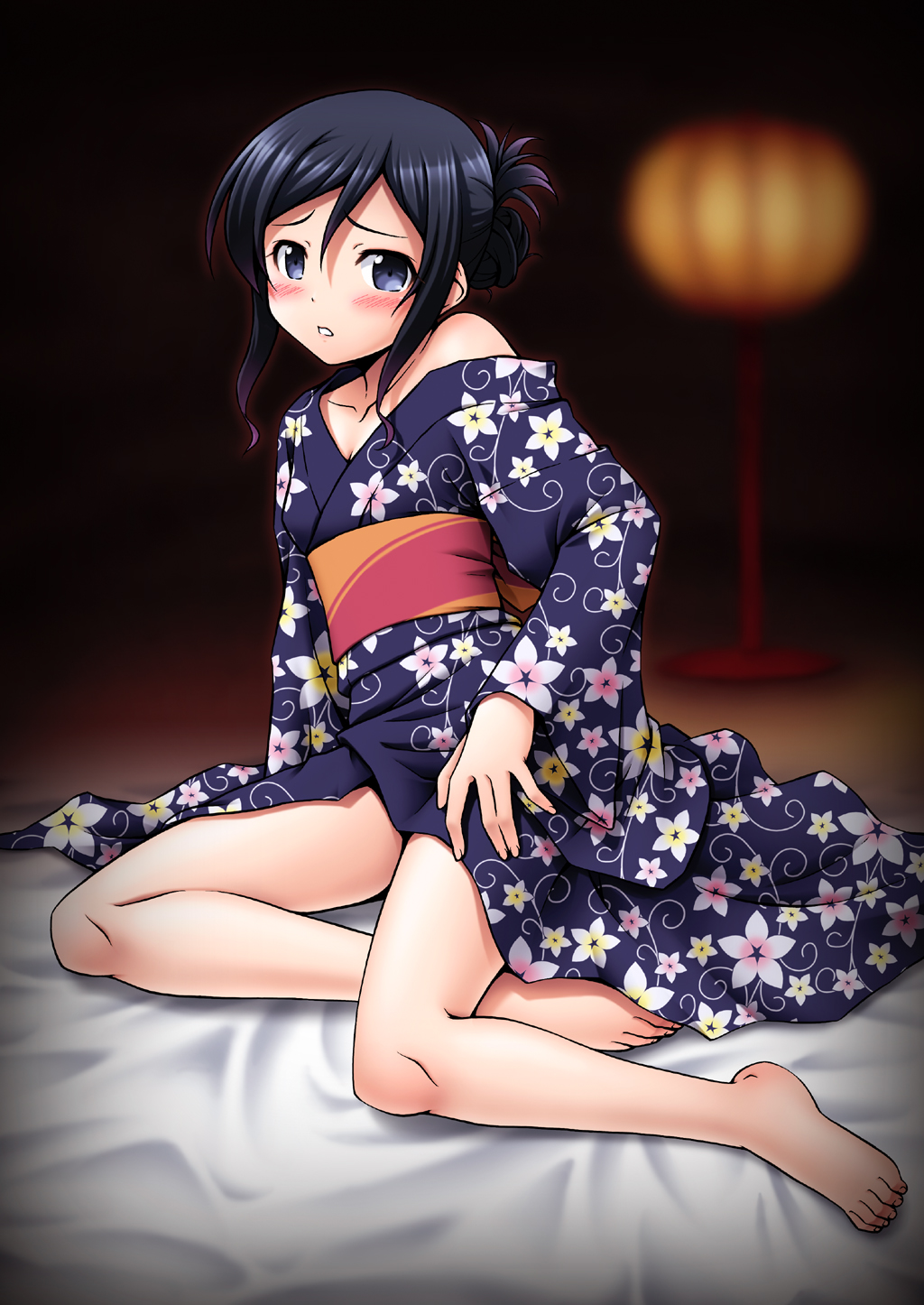 1girl, aragaki_ayase, barefoot, black_hair, blue_eyes, highres, horiguchi_hiroshi, japanese_clothes