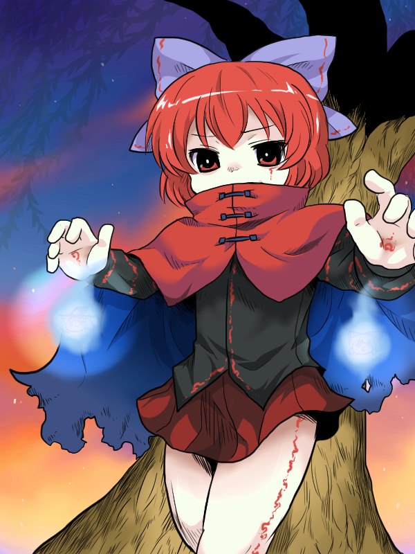 1girl, cape, capelet, ghost, hair_ribbon, red_eyes, redhead, ribbon, seki, sekibanki, solo, touhou, twilight, willow