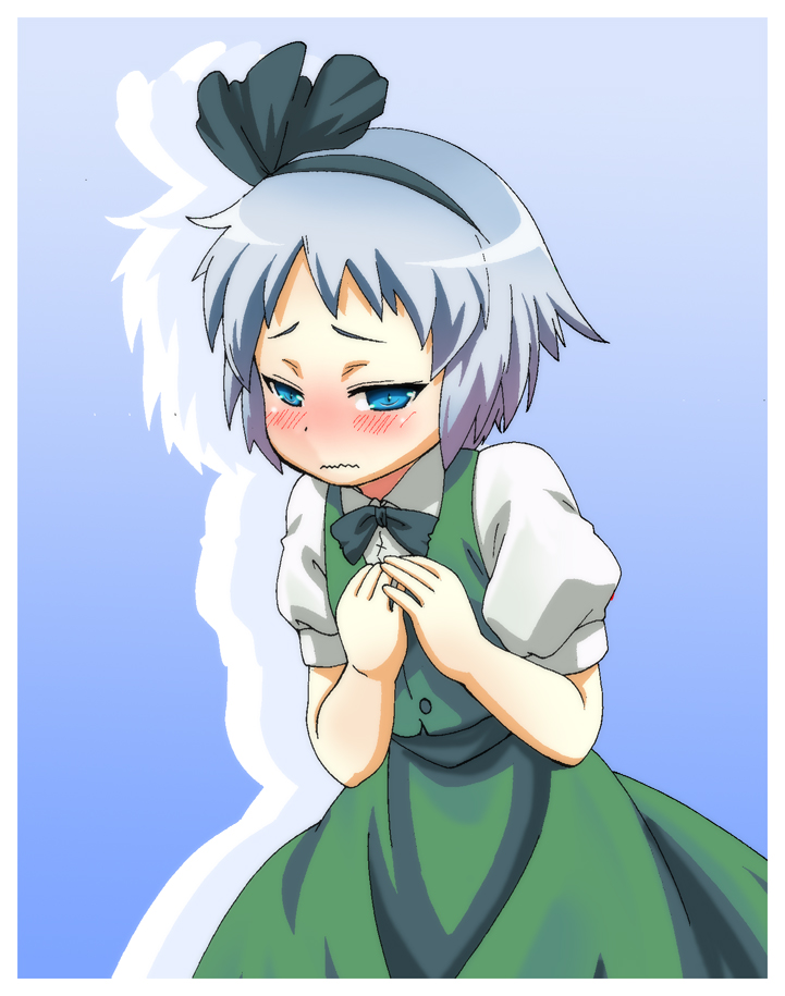 1girl, blue_background, blue_eyes, blush, flat_chest, hairband, konpaku_youmu, mukai