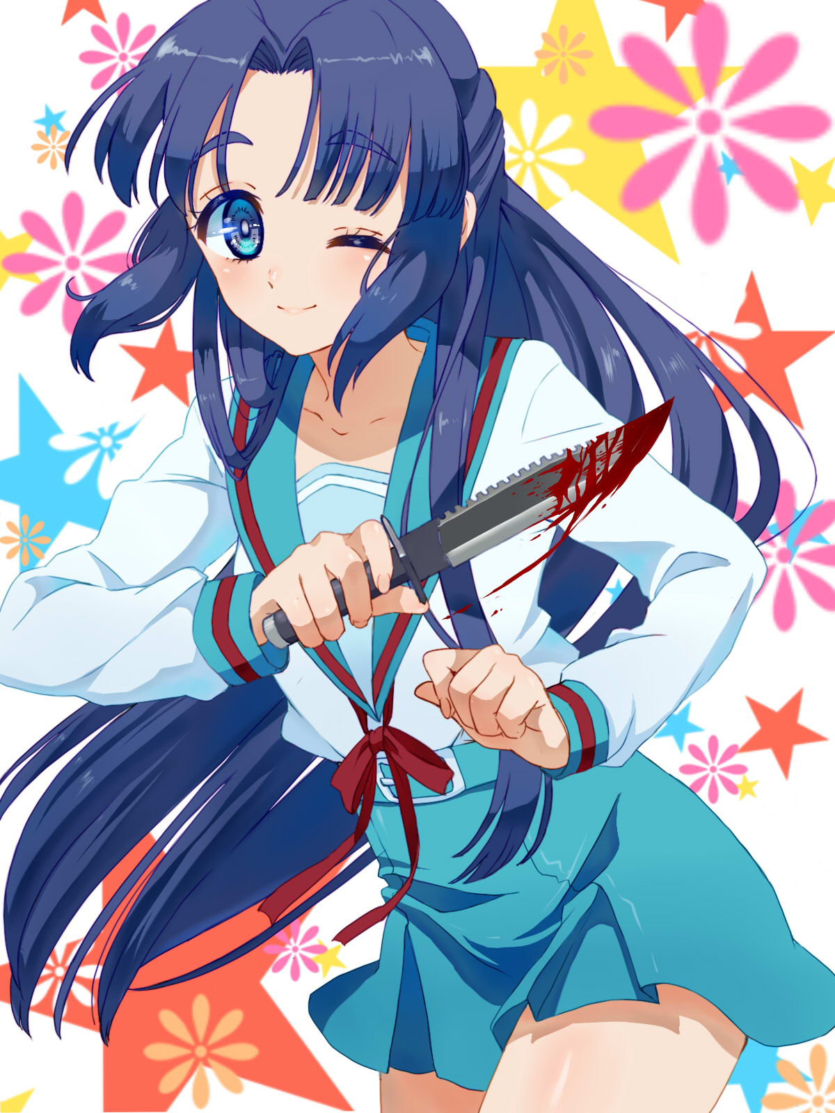 1girl, asakura_ryouko, blood, blue_eyes, blue_hair, highres, knife, long_hair