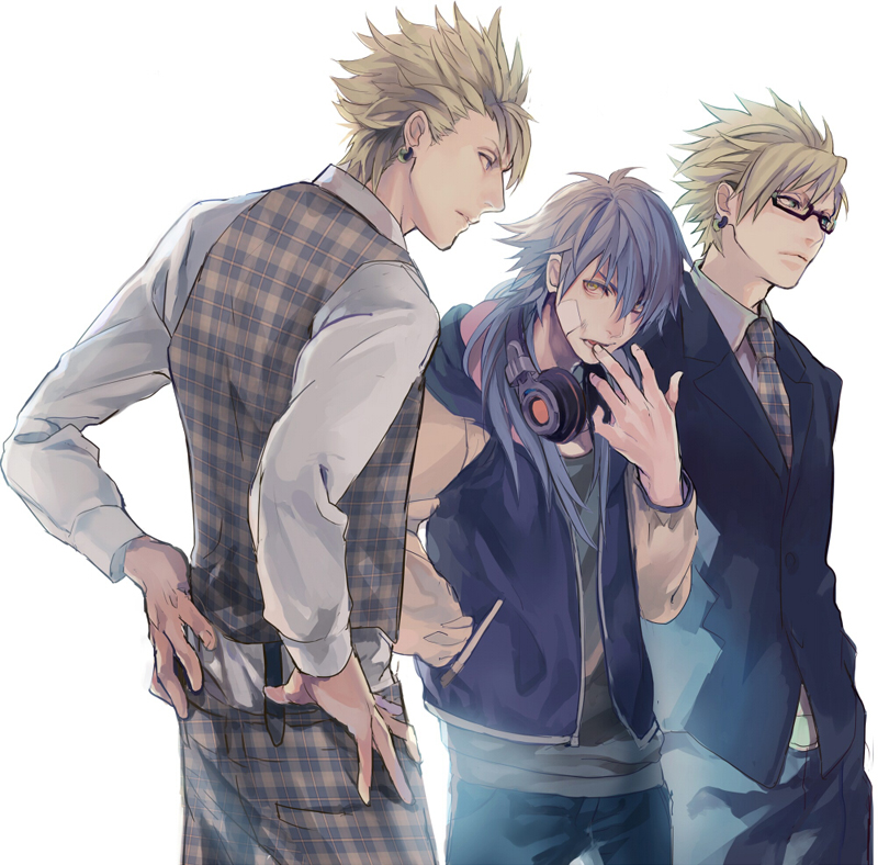 3boys, bandaid, blonde_hair, blue_hair, dramatical_murder, earrings, formal, glasses, headphones, headphones_around_neck, jacket, jewelry, letterman_jacket, male, glasses_(artist), multiple_boys, necktie, plaid, plaid_pants, plaid_vest, seragaki_aoba, suit, trip_(dmmd), virus_(dmmd)