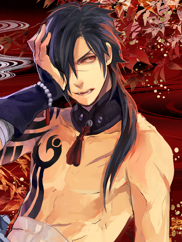 1boy, black_hair, dramatical_murder, hair_over_one_eye, hand_on_own_face, koujaku, male, glasses_(artist), muscle, ponytail, red_eyes, scar, shirtless, solo, tattoo