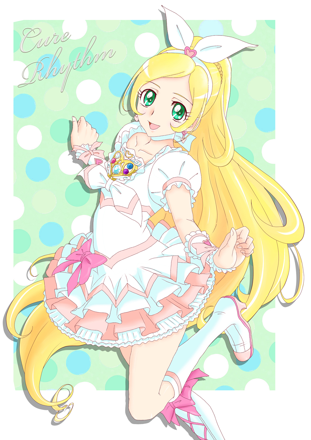 1girl, atsuman_(hogumogu25), blonde_hair, bow, brooch, choker, cure_rhythm, dress