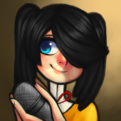 1girl, black_hair, blue_eyes, bogoro, detached_collar, face, hair_over_one_eye, long_hair, lowres, microphone, skullgirls, smile, solo, spoilers, squigly_(skullgirls), twintails