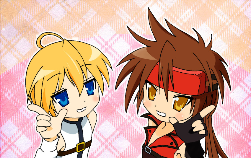 guilty_gear, highres, ky_kiske, lucky_star, mashimaro_luo, parody, pose, smile, sol_badguy, style_parody