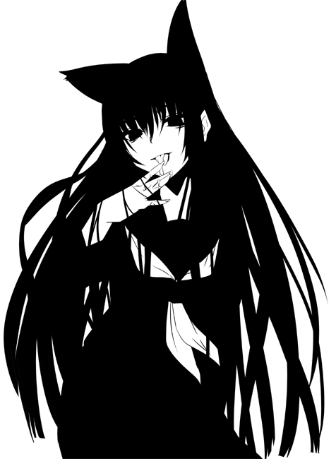date_(artist), fox_ears, hagoromo_kitsune, hands, licking, long_hair, monochrome, nurarihyon_no_mago