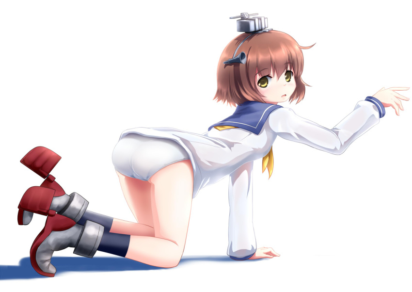 1girl, all_fours, ass, black_legwear, blush, boots, brown_eyes, brown_hair