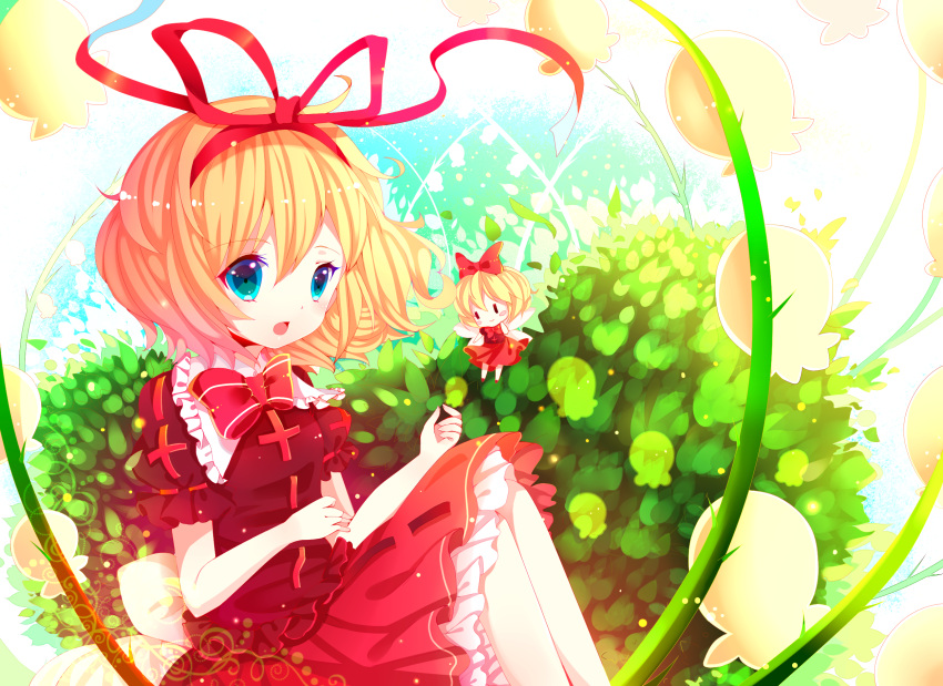 1girl, blonde_hair, blouse, blue_eyes, bow, dress, flower, gradient