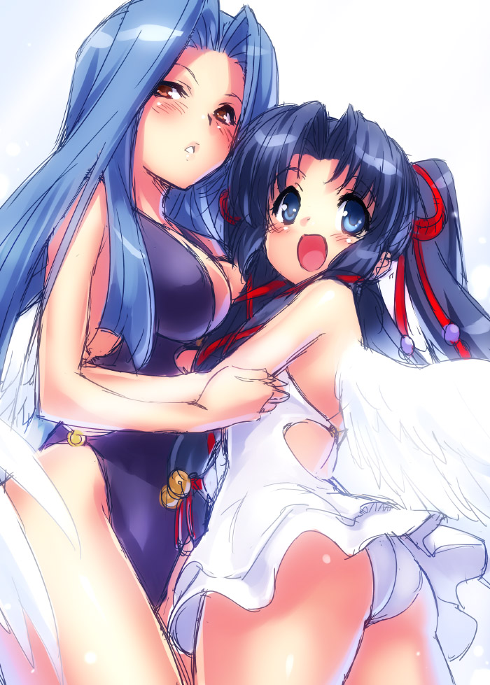 2girls, air, angel_wings, ass, black_hair, blue_eyes, brown_eyes, casual_one-piece_swimsuit