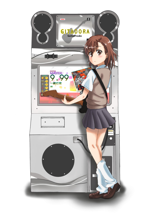 1girl, arcade, arcade_cabinet, brown_eyes, brown_hair, from_behind, gitadora, guitar, guitar_freaks, instrument, kazuki_(kazuki8837), looking_back, misaka_mikoto, playing_games, school_uniform, to_aru_kagaku_no_railgun, to_aru_majutsu_no_index