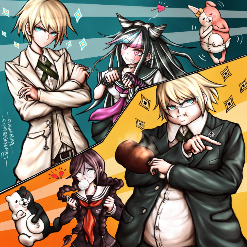 2boys, 2girls, arrow_through_heart, black_hair, blonde_hair, blue_eyes, braid, broken_heart, brown_hair, dangan_ronpa, foam, food, fukawa_touko, glasses, heart, heart-shaped_pupils, highres, long_hair, meat, mioda_ibuki, monokuma, monomi_(dangan_ronpa), multicolored_hair, multiple_boys, multiple_girls, necktie, oyume, pink_hair, school_uniform, serafuku, super_dangan_ronpa_2, symbol-shaped_pupils, togami_byakuya, twin_braids