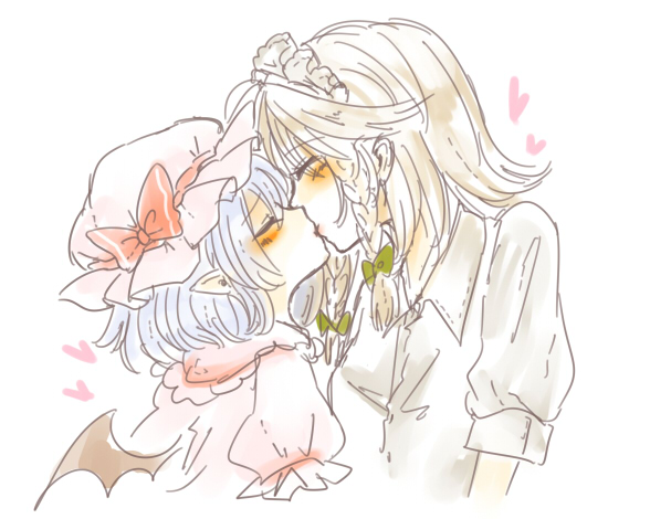 2girls, bat_wings, blue_hair, bow, braid, bust, closed_eyes, dress