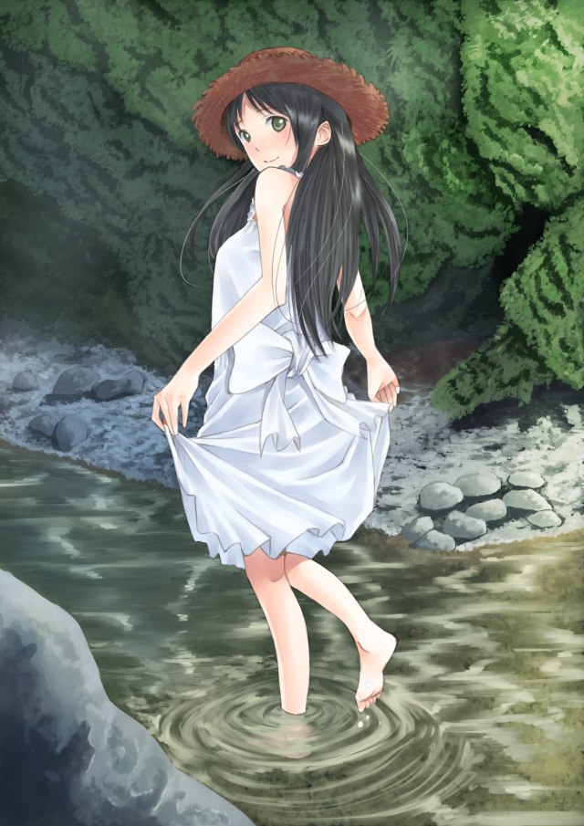 barefoot, black_hair, dress, feet_in_water, green_eyes, hat, hirano_(fireworks), long_hair
