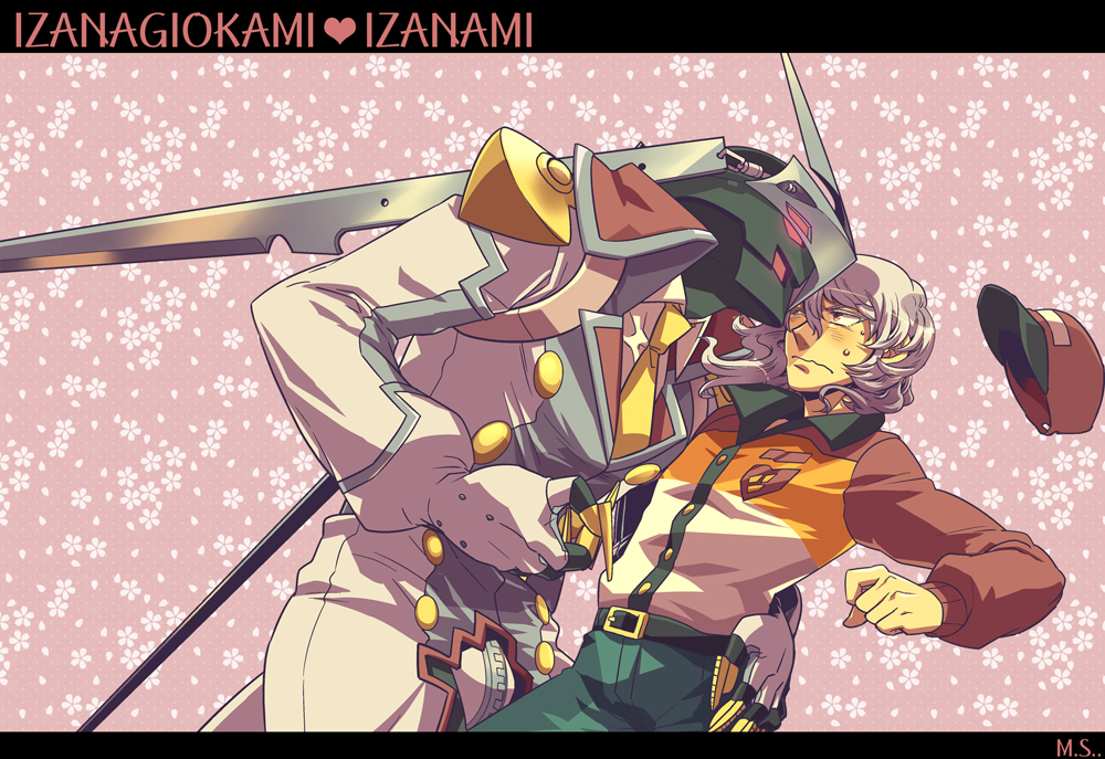 arm_around_waist, baseball_cap, blush, character_name, formal, genderswap, hat, izanagi_no_okami