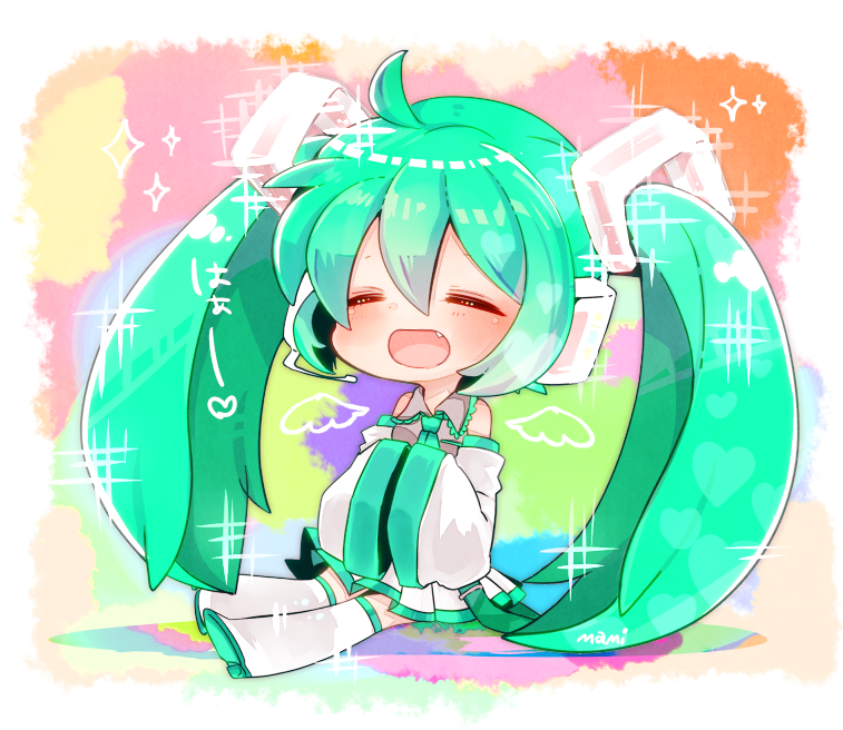 1girl, ahoge, artist_name, chibi, closed_eyes, detached_sleeves, fang, green_hair