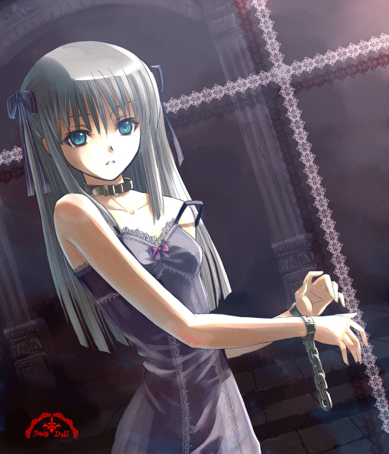 blue_eyes, bondage, bow, chain, chains, collar, dress, grey_hair