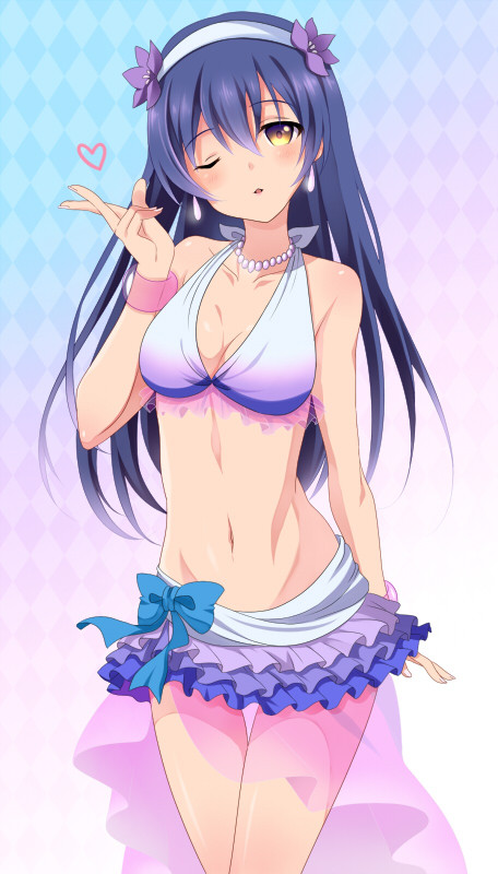 1girl, bikini, bikini_skirt, black_hair, brown_eyes, hairband, kyu, long_hair