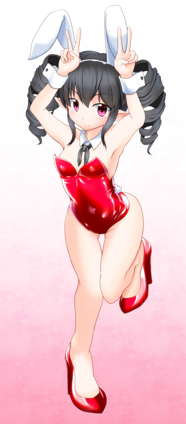 1girl, animal_ears, black_hair, bunnysuit, darkness_iii, detached_collar, double_v, drill_hair