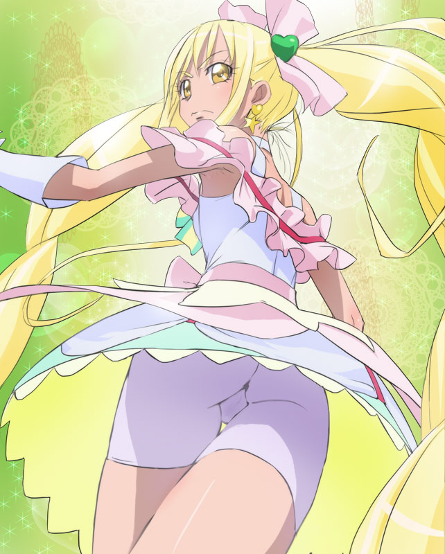 1girl, bike_shorts, blonde_hair, cure_echo, from_behind, hair_ribbon, haruyama_kazunori, heart