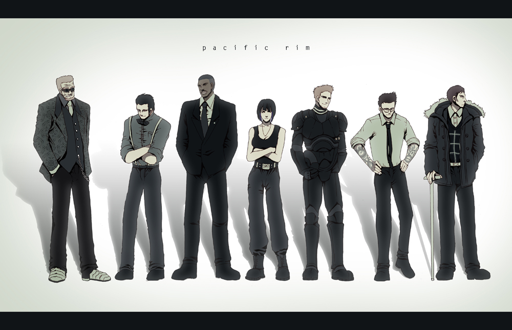 1girl, 6+boys, armor, beard, black_hair, bob_cut, bodysuit, cane, coat, copyright_name, drivesuit, facial_hair, formal, ghost_in_the_shell, ghost_in_the_shell_lineup, ghost_in_the_shell_stand_alone_complex, glasses, grin, hannibal_chau, herman_gottlieb, jacket, jewelry, letterboxed, lineup, magehikari, mako_mori, multiple_boys, mustache, necklace, necktie, newton_geiszler, pacific_rim, parody, raleigh_becket, short_hair, smile, stacker_pentecost, suit, tattoo, tendo_choi