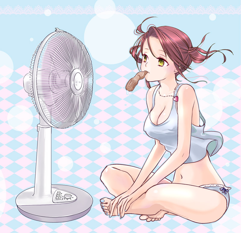 1girl, barefoot, breasts, cleavage, fan, green_eyes, legs, mouth_hold