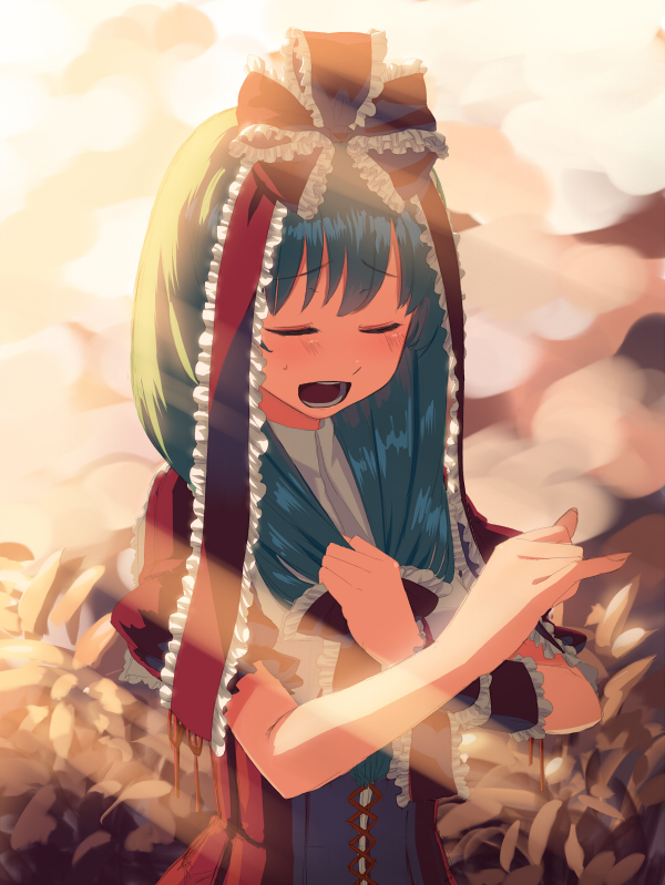 1girl, closed_eyes, frills, green_hair, hair_ribbon, kagiyama_hina, long_hair, ribbon