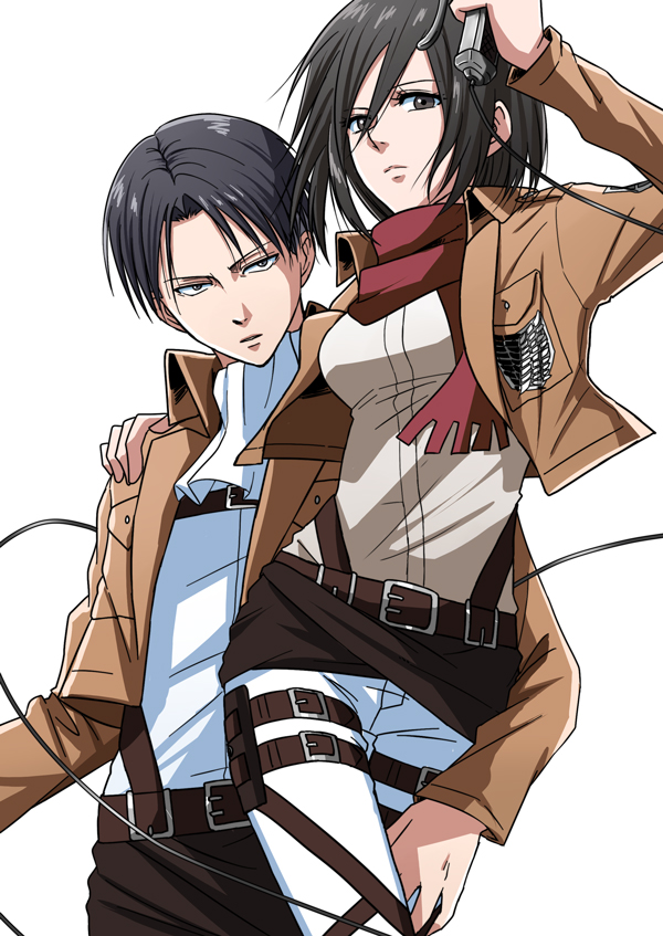 1boy, 1girl, belt, black_hair, brown_eyes, expressionless, insignia, levi_(shingeki_no_kyojin), mikasa_ackerman, samejima, shingeki_no_kyojin, uniform