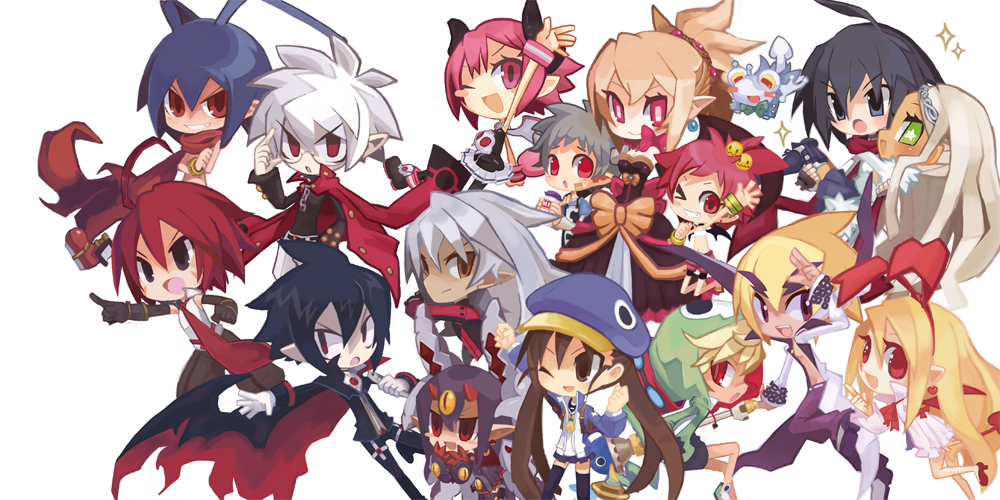 6+boys, 6+girls, ;d, adell, almaz_von_almadine_adamant, antenna_hair, arm_up, axel_(disgaea)
