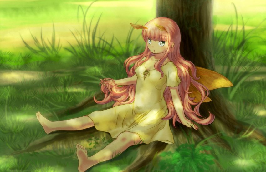 1girl, akiduhaniwa, antennae, barefoot, blue_eyes, dress, grass, insect_girl