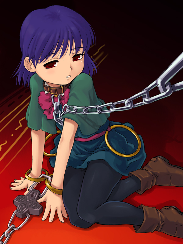 1girl, bangle, blue_hair, boots, bracelet, carrie_fernandez, castlevania, castlevania:_legacy_of_darkness, chain, collar, dress, jewelry, leash, pantyhose, red_eyes, short_hair, sitting, solo, stupa13a